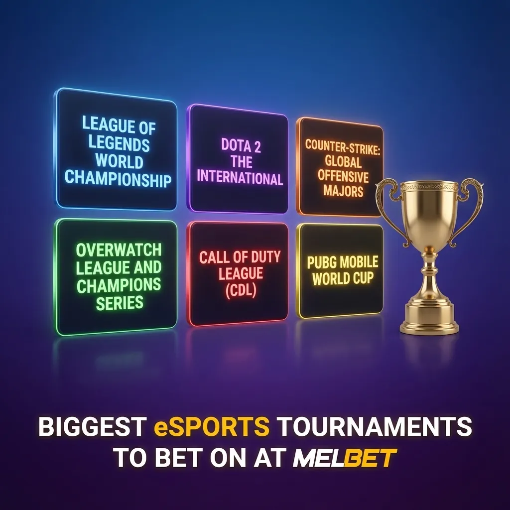 Table of top eSports tournaments to bet on at Melbet, listing major events for games like Dota 2 and CS2