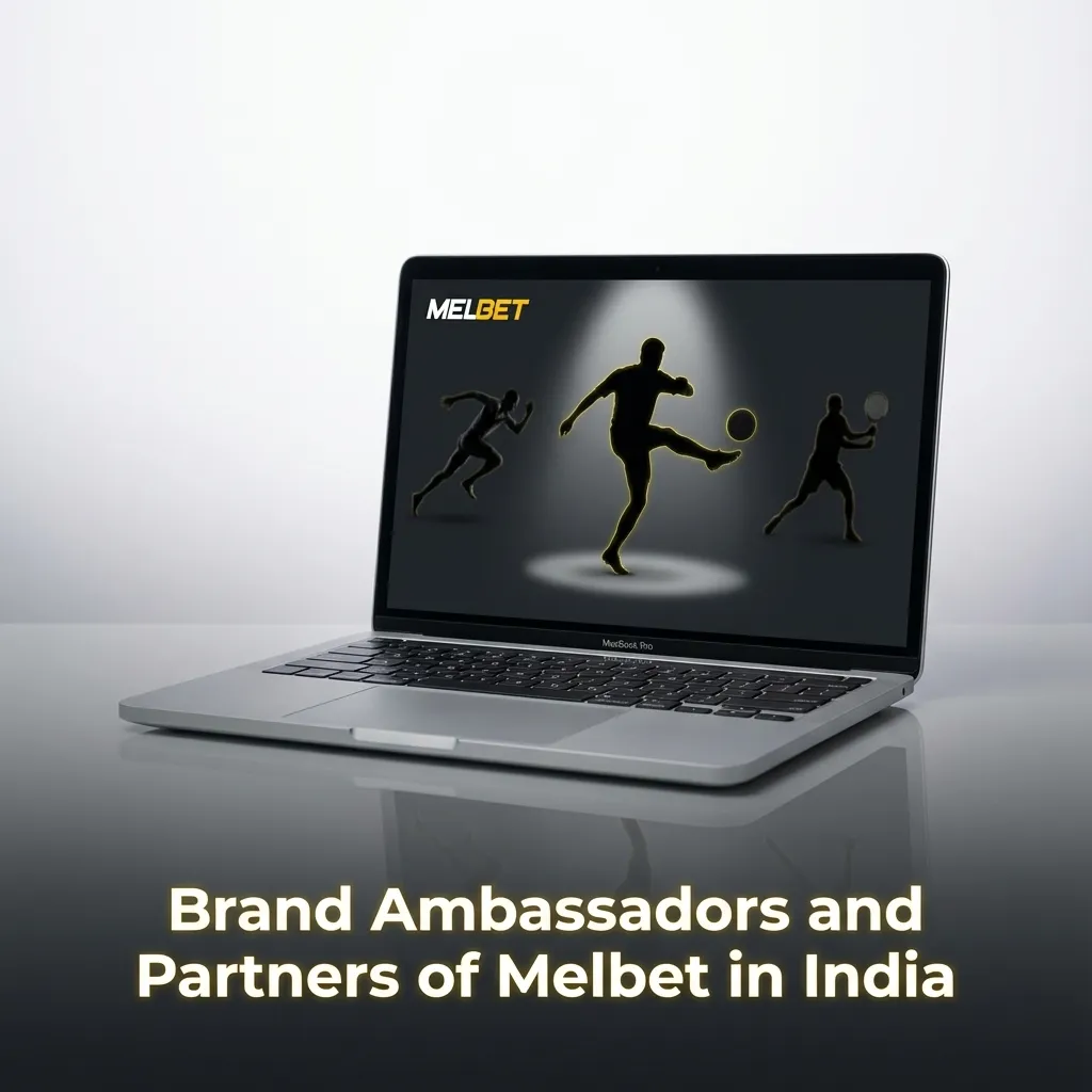 Graphic showing Melbet logo with silhouettes of athletes and text about India brand ambassadors and local partnerships