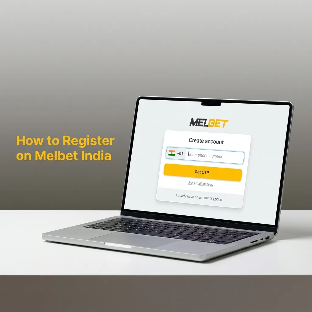 Illustrated guide showing Melbet India registration steps with sign-up button, form fields, and verification prompts