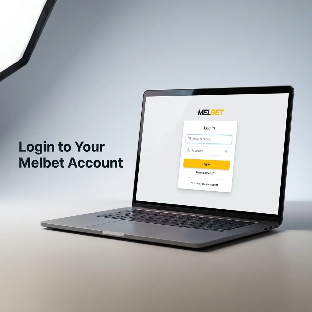 Illustration of Melbet login screen with email and password fields and a yellow Login button