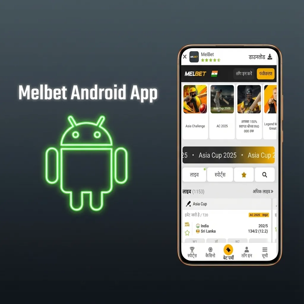 Illustration of the Melbet Android app download and installation steps on various Indian-brand smartphones