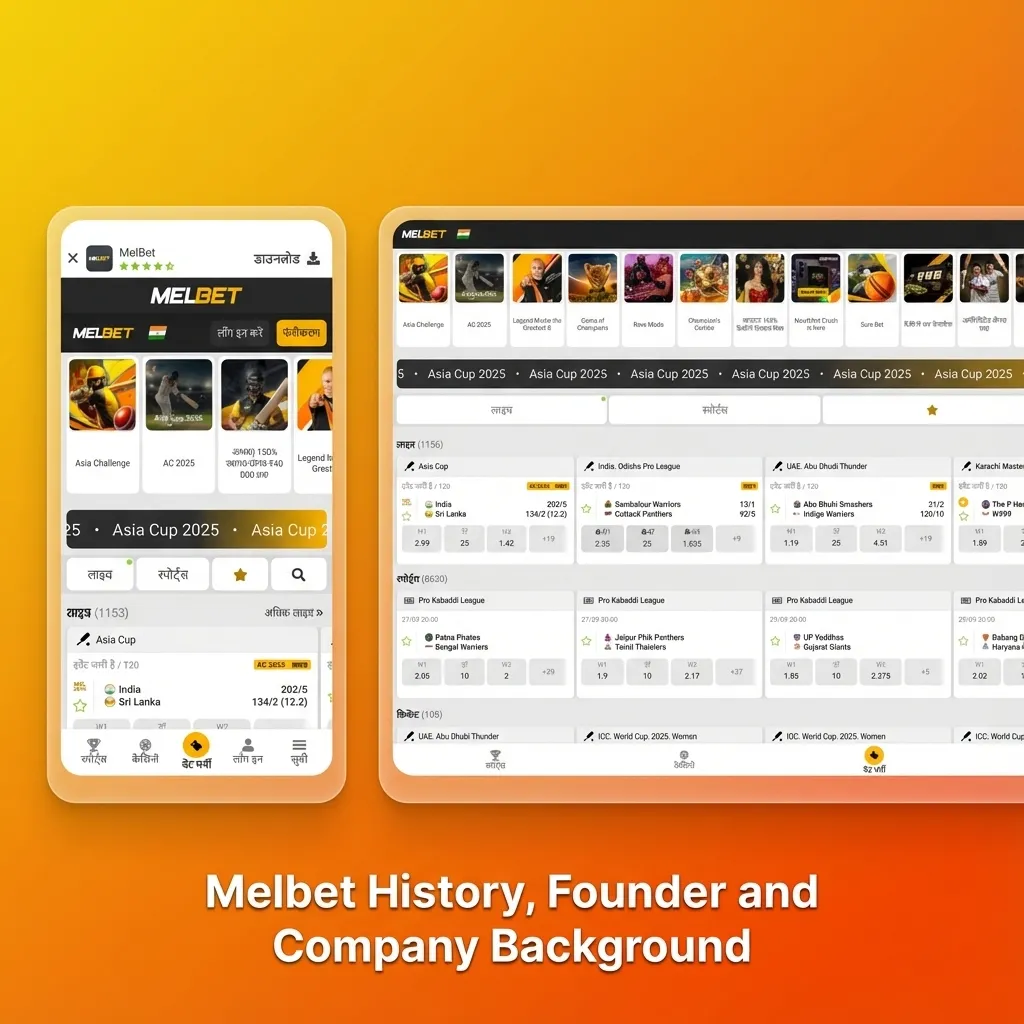 Timeline graphic showing Melbet’s 2012 launch, growth under Dmitry Sergeev, global expansion and focus on regulated betting
