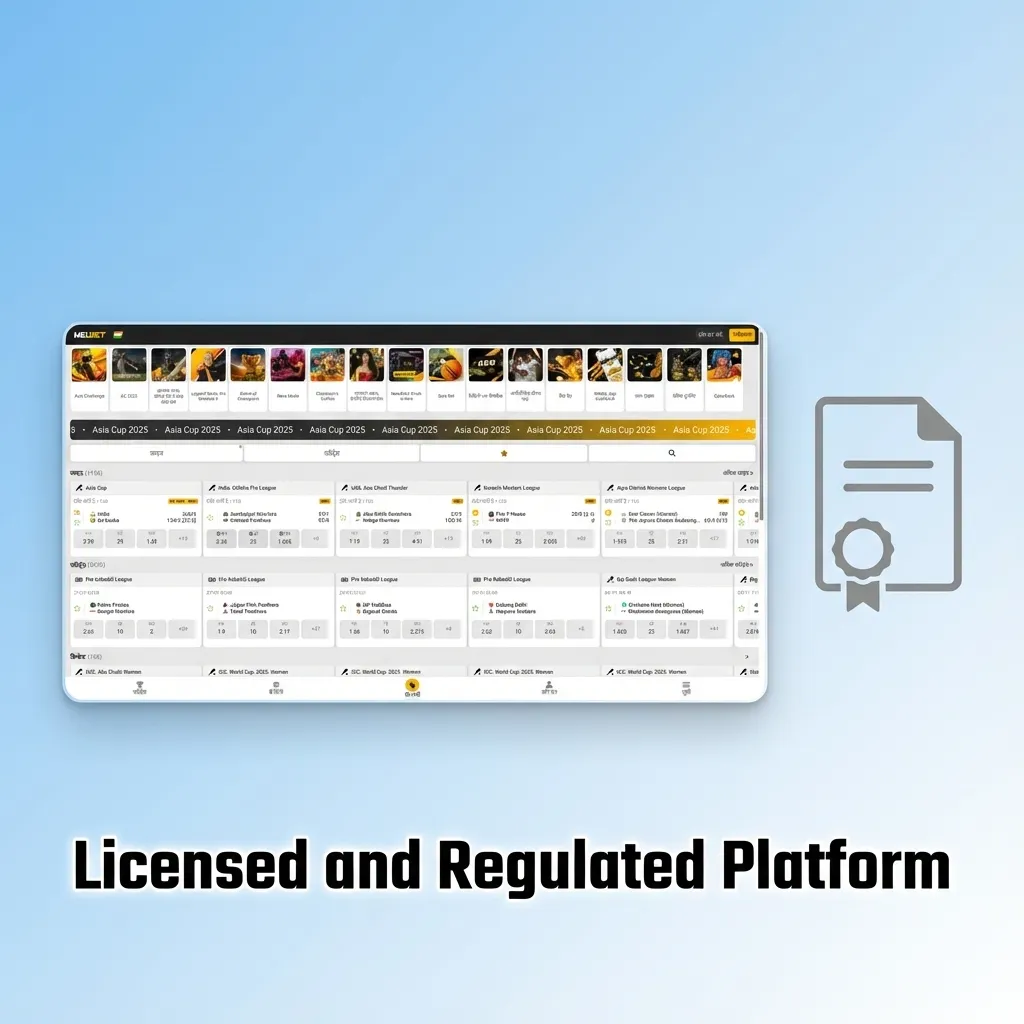 Melbet “Licensed & Regulated Platform” banner highlighting Curacao eGaming licence and secure, audited player protection.
