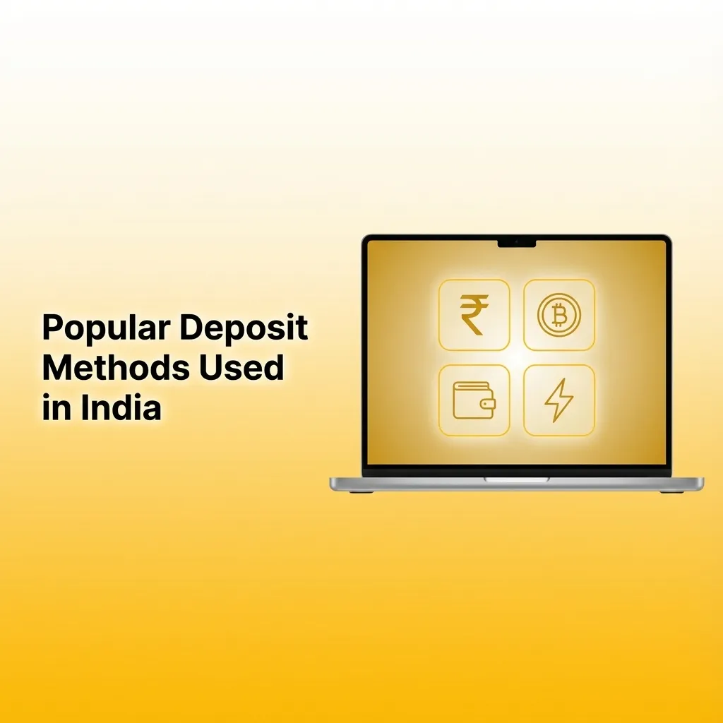 Infographic titled “Popular Deposit Methods in India” showing icons for UPI, Paytm, PhonePe, Google Pay, and bank transfer