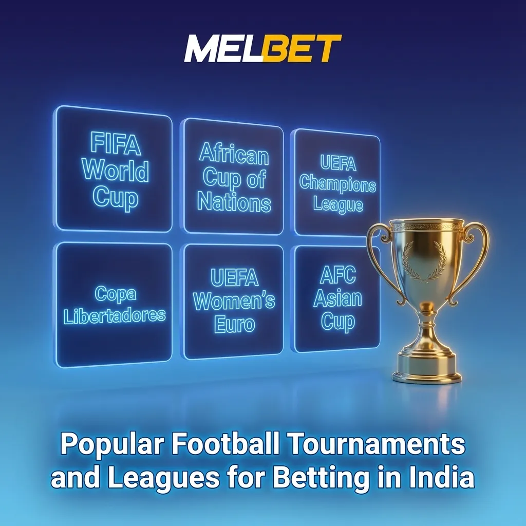 Graphic showing popular football leagues and cups in India with betting options highlighted on the Melbet platform