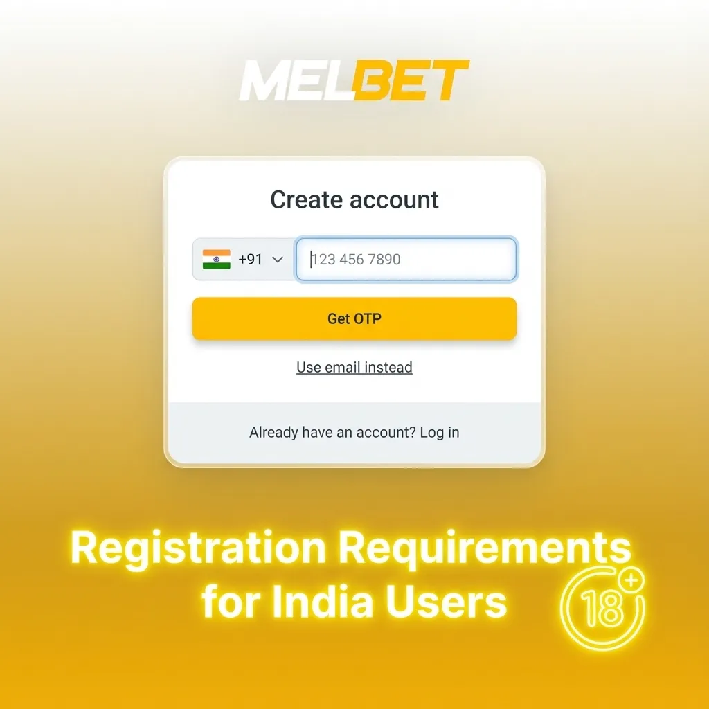 Infographic listing Melbet India registration rules: age 18+, real details, one account, valid contact info, KYC documents.
