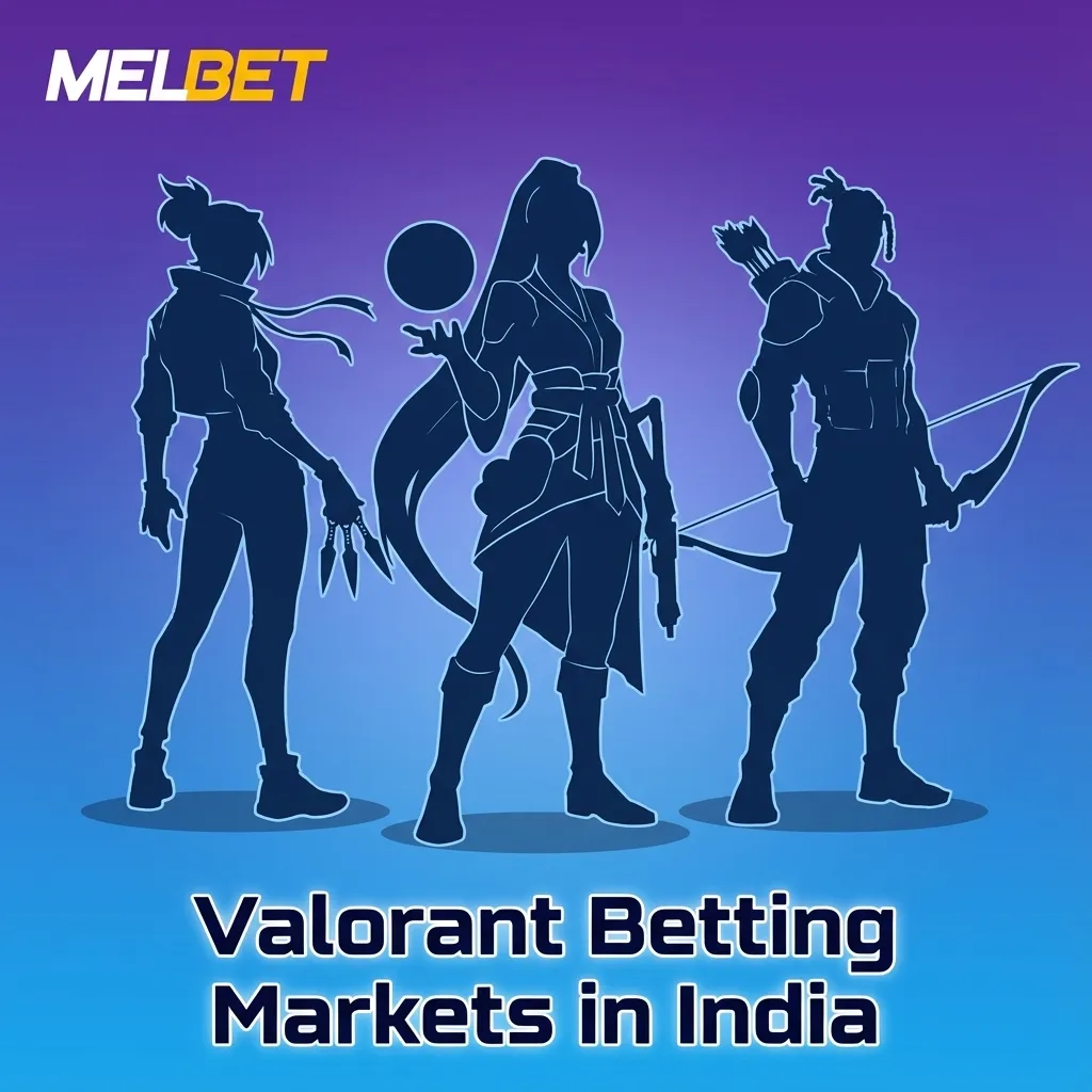 Smartphone with Melbet app showing Valorant match odds and betting markets, with Indian esports fans in the background