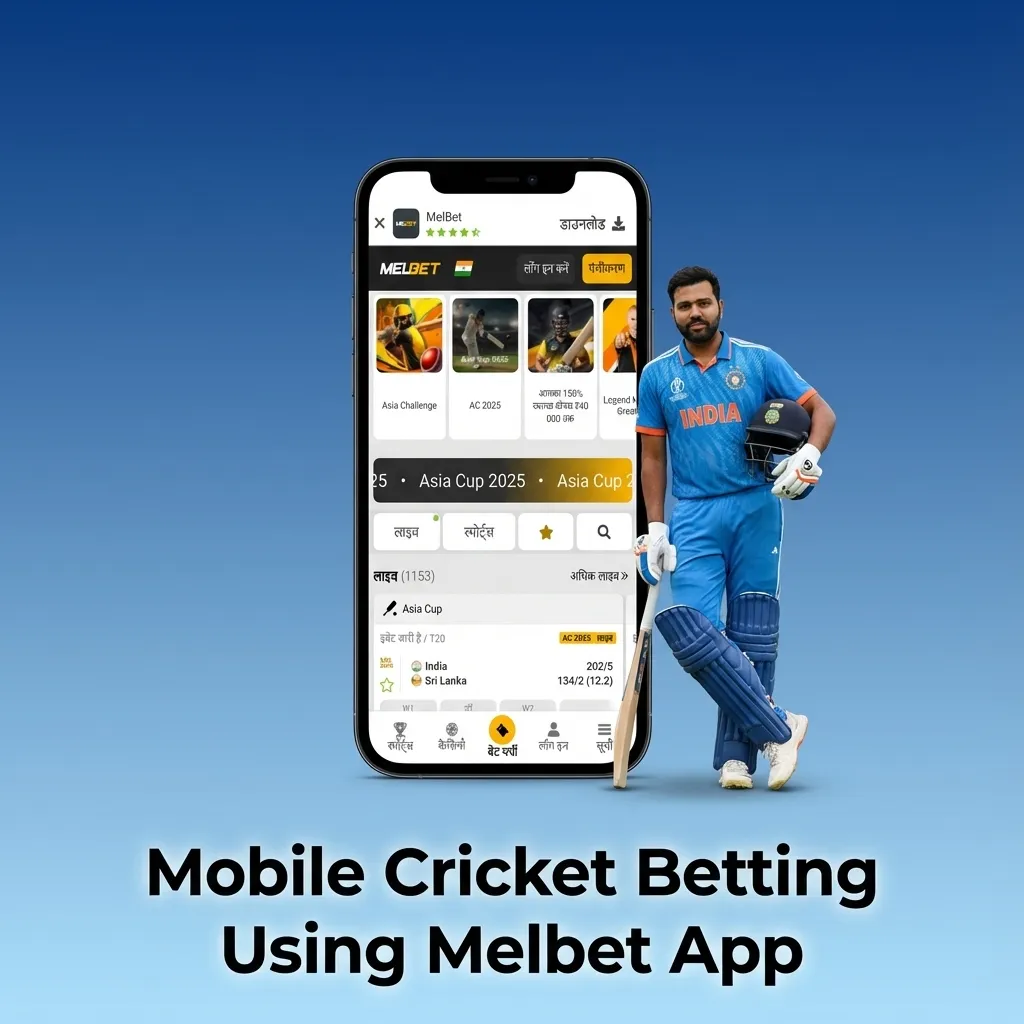Person using Melbet cricket betting app on a smartphone, showing live odds and betting options for Indian users