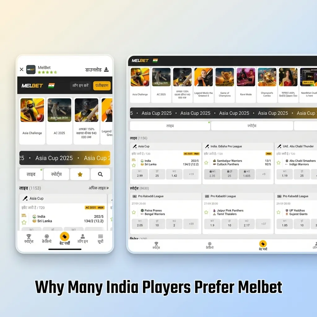 Infographic titled “Why Many India Players Prefer Melbet” highlighting cricket focus, local payment options, apps, and 24/7 support