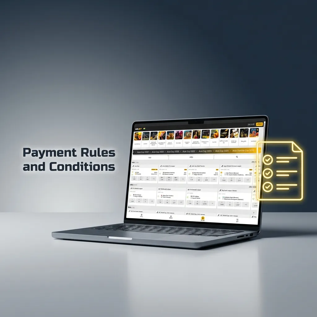 Payment rules infographic showing verification, withdrawal methods, wagering requirements, limits, and processing times