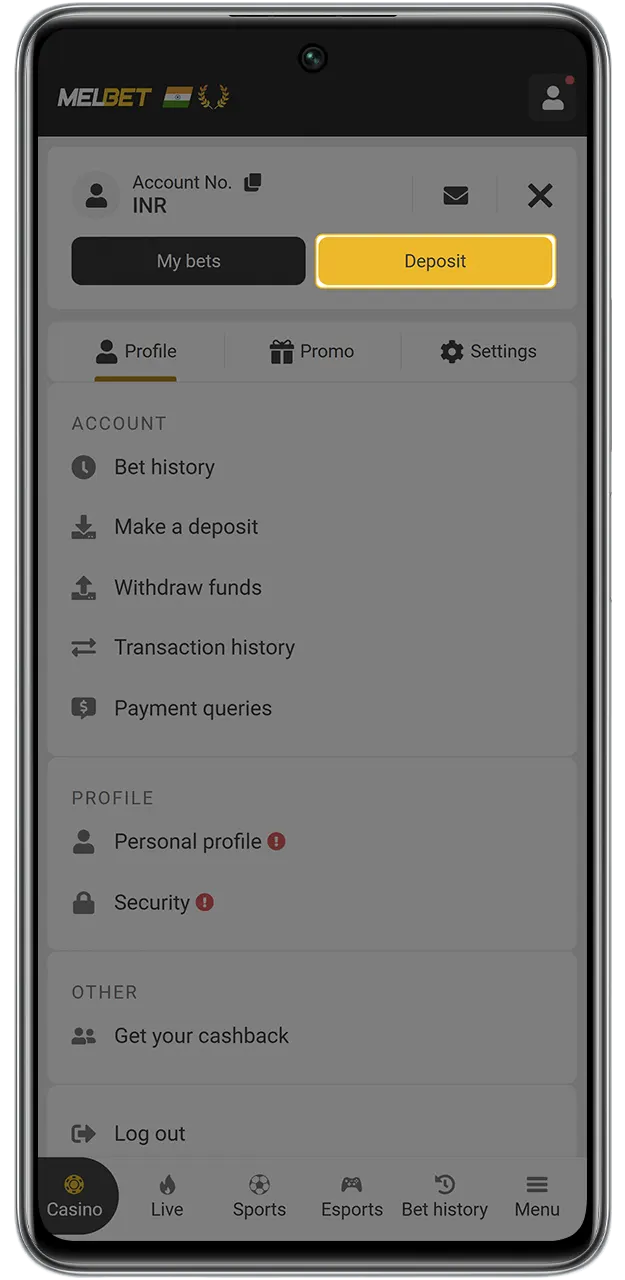 Top up your balance to start placing bets on MelBet.