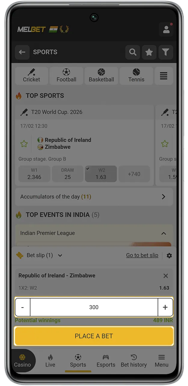 Set your stake and finalize your first MelBet sports bet.
