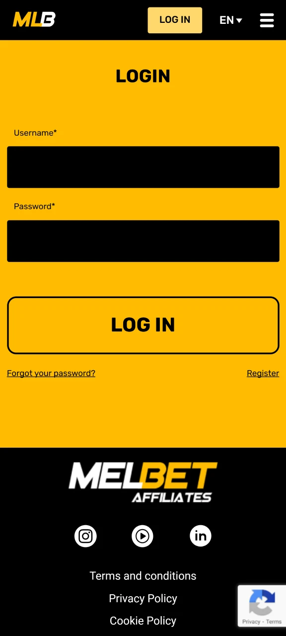 Log in to your MelBet affiliate program account to start.