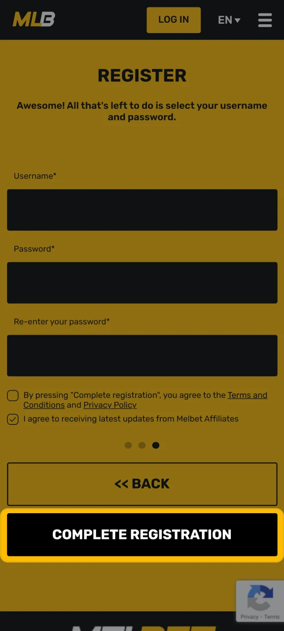 Complete your registration in the MelBet affiliate program.