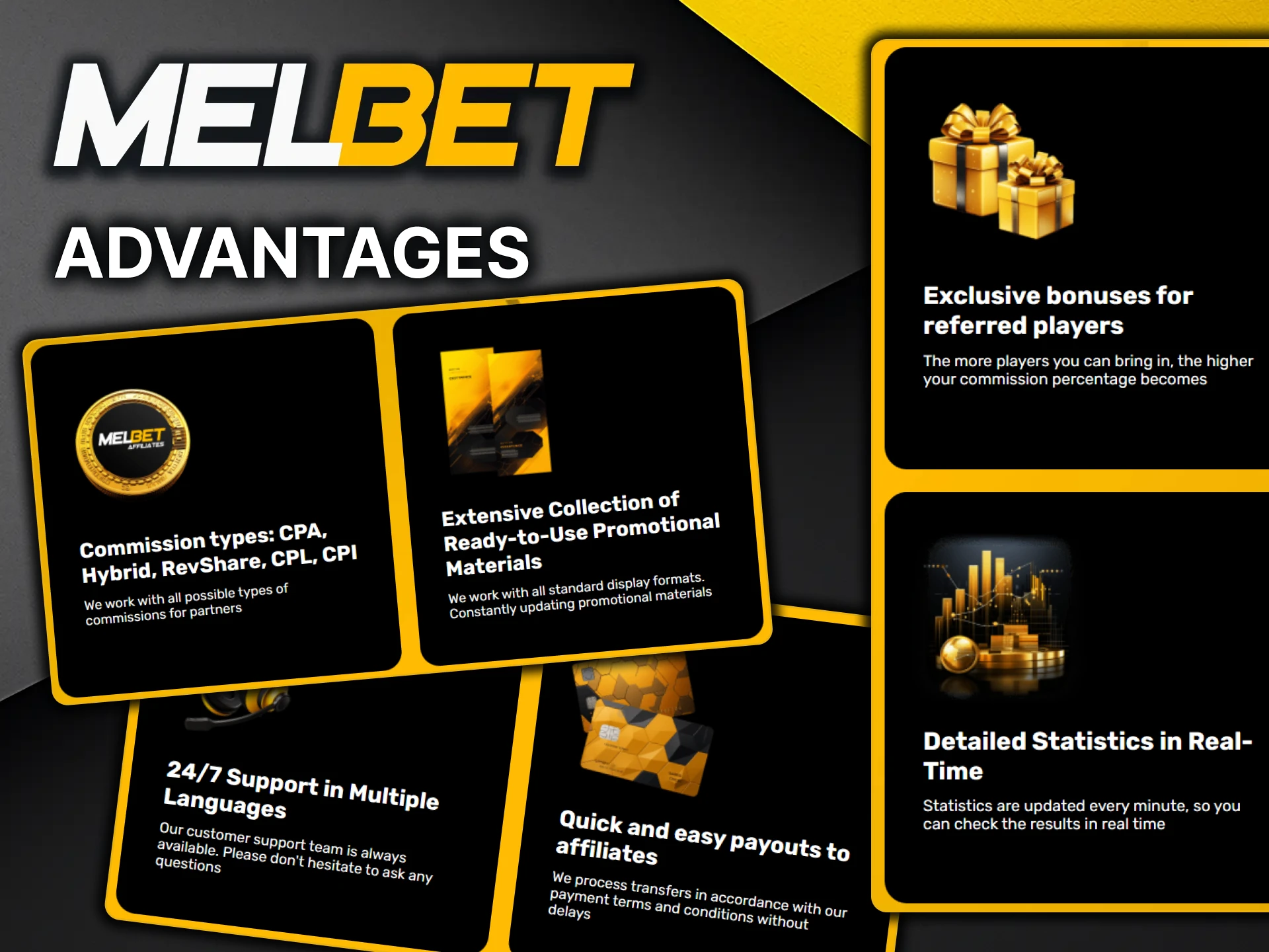Check out the main benefits of the MelBet affiliate program.