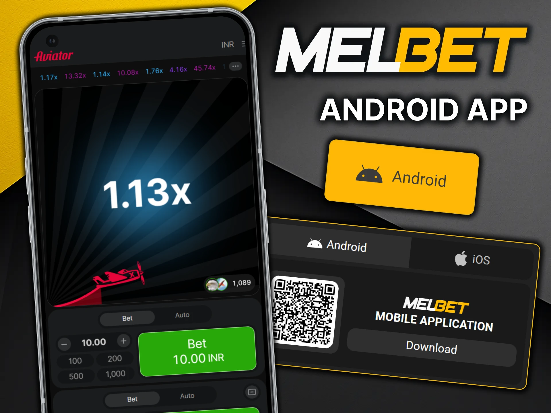 Install the official MelBet Android app to play Aviator.