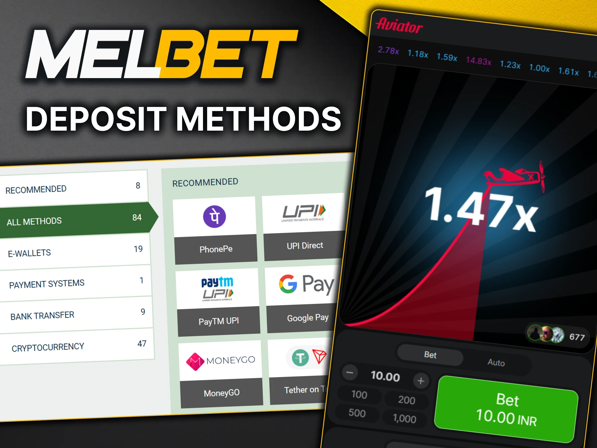 Discover deposit methods available at MelBet and top up your account to play Aviator.