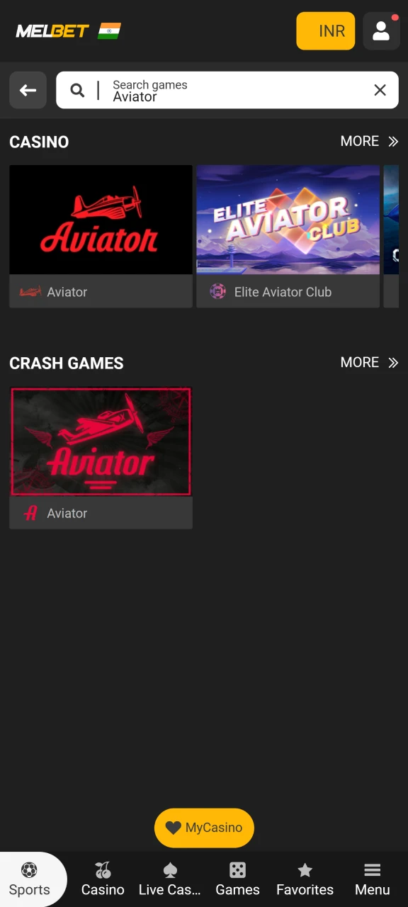 Search for the Aviator game on the MelBet website.