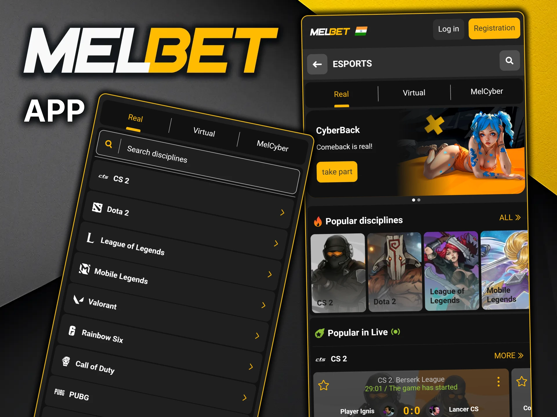 Bet on eSports through the MelBet app for Android or iOS.