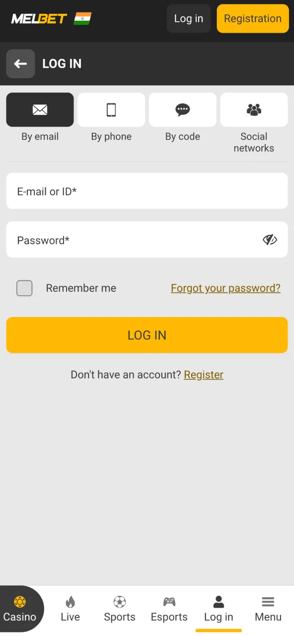 Sign in to your MelBet account to enter the betting section.