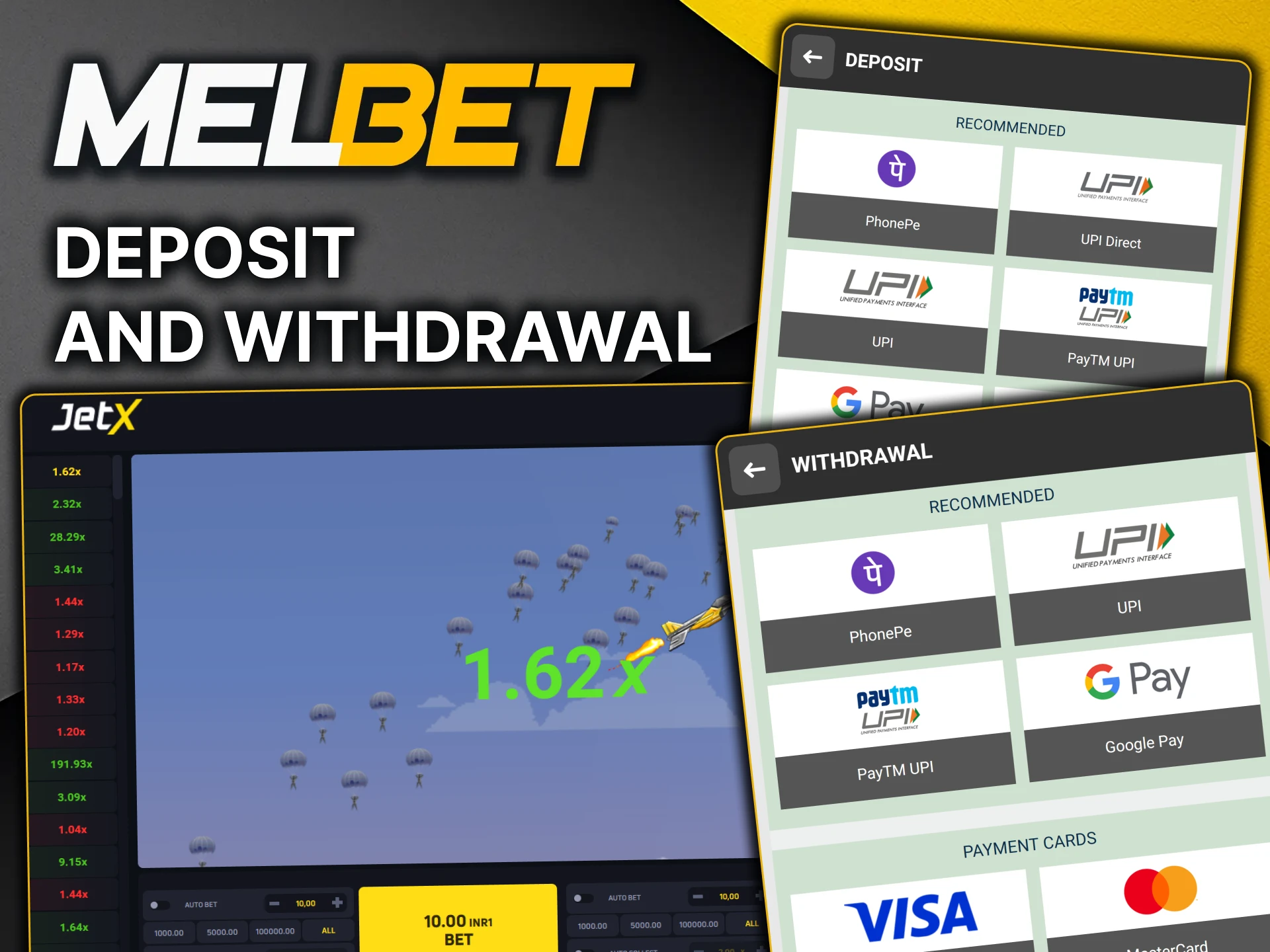Use a convenient payment method for deposit and withdrawal of your JetX winnings from MelBet.