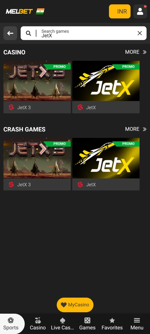 Find the JetX game on the MelBet website.