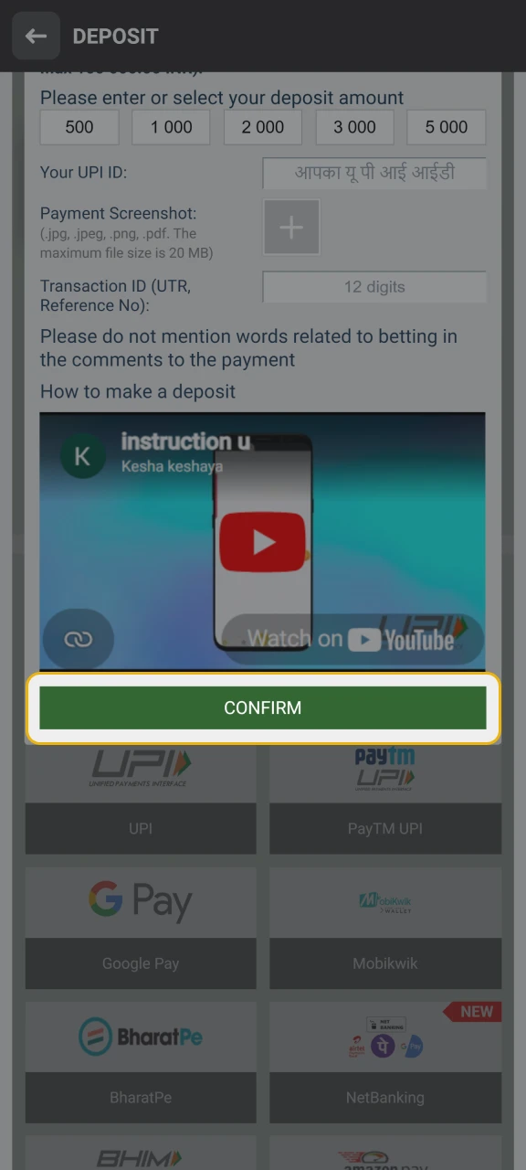 Finish deposit to your MelBet account.