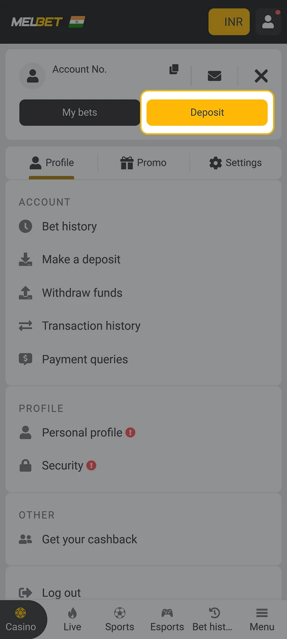 Click on the Deposit button to open the deposit page at MelBet.