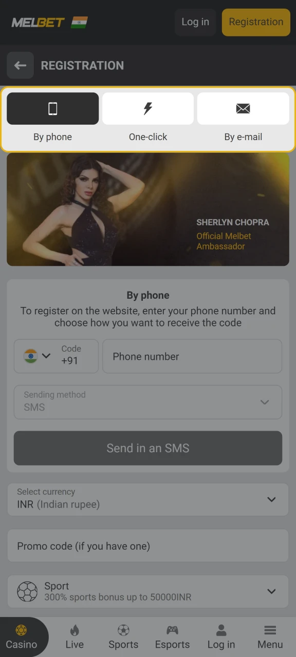 Select a registration method to create a MelBet account.
