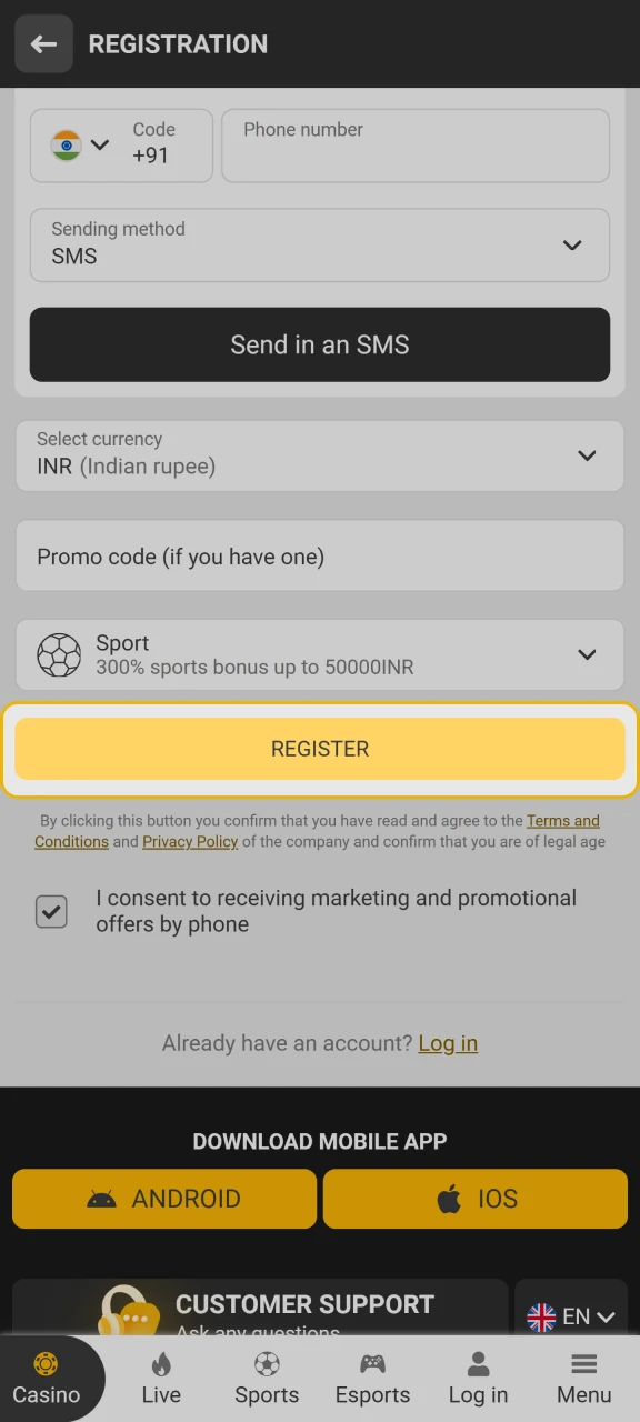 Finish the MelBet registration process by clicking the button.
